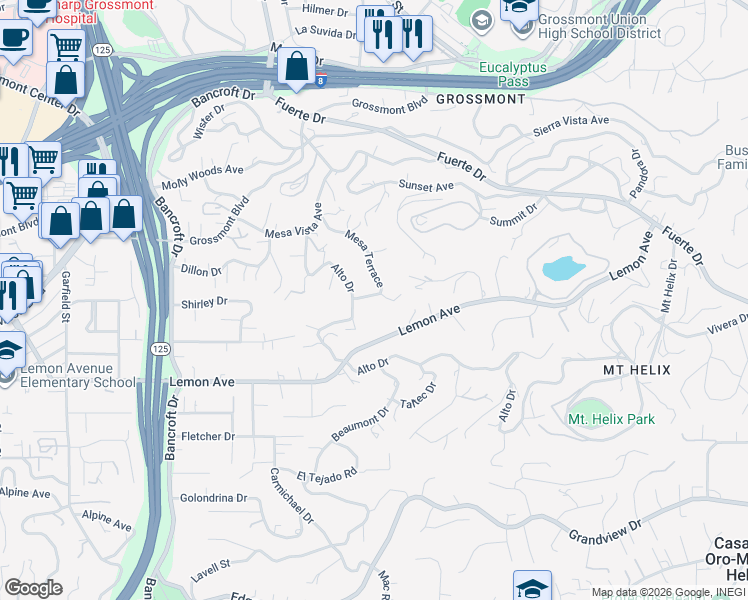 map of restaurants, bars, coffee shops, grocery stores, and more near 9602 Lemon Avenue in La Mesa