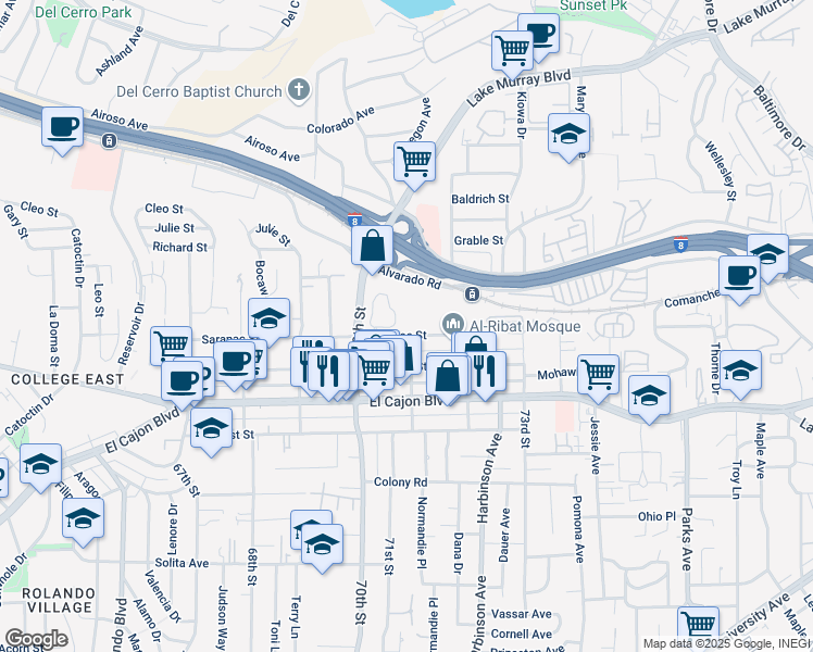 map of restaurants, bars, coffee shops, grocery stores, and more near 7080 Saranac Street in La Mesa