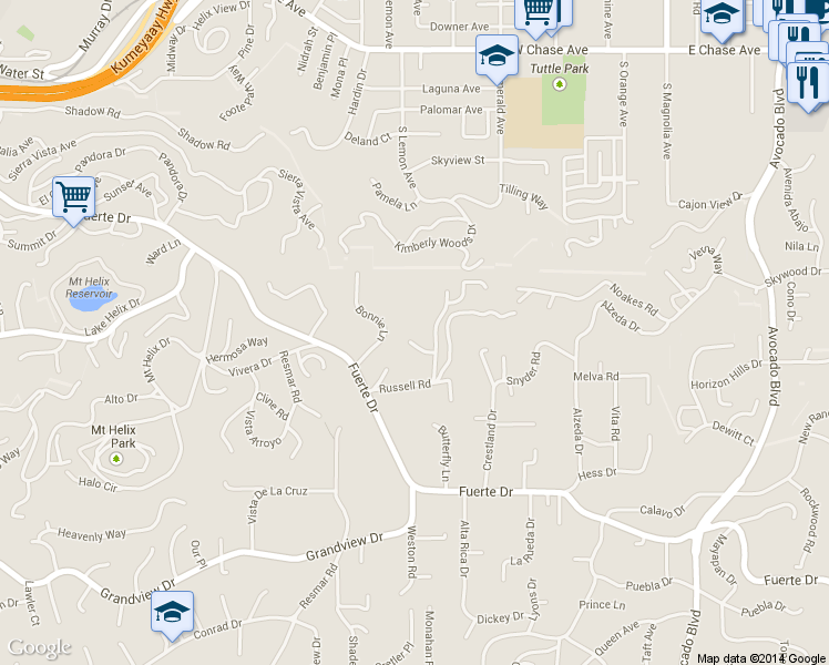 map of restaurants, bars, coffee shops, grocery stores, and more near 10450 Russell Road in La Mesa