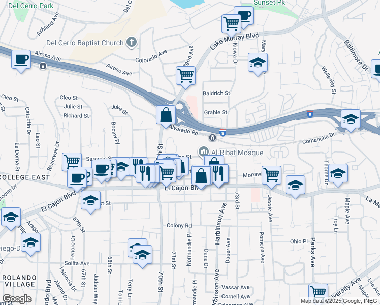 map of restaurants, bars, coffee shops, grocery stores, and more near 7085 Saranac Street in San Diego
