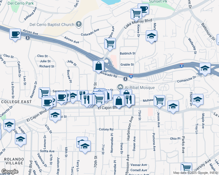 map of restaurants, bars, coffee shops, grocery stores, and more near 7085 Saranac Street in San Diego