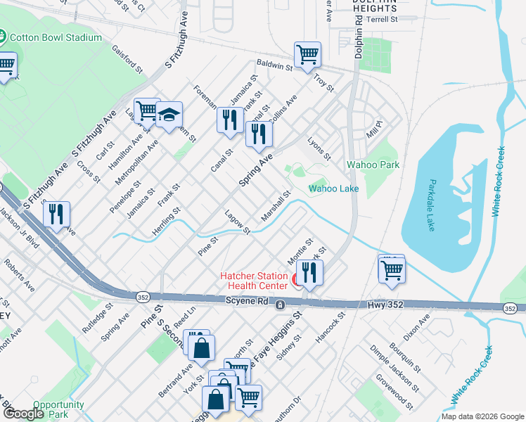 map of restaurants, bars, coffee shops, grocery stores, and more near 4215 Marshall Street in Dallas