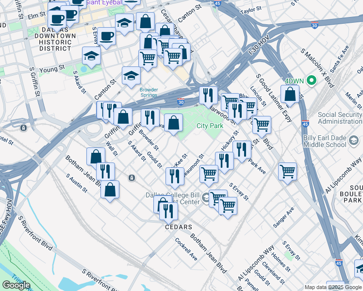 map of restaurants, bars, coffee shops, grocery stores, and more near 1601 McKee Street in Dallas