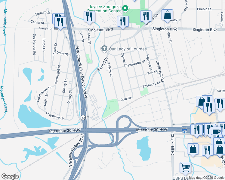 map of restaurants, bars, coffee shops, grocery stores, and more near 2319 Tallyho Lane in Dallas