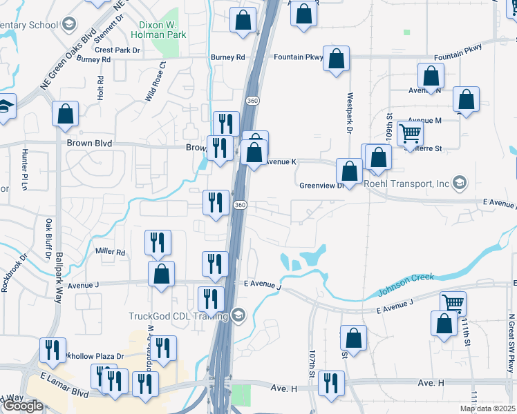 map of restaurants, bars, coffee shops, grocery stores, and more near 1400 North Highway 360 in Grand Prairie