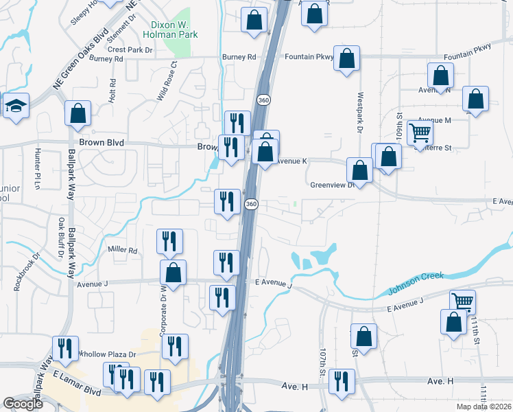 map of restaurants, bars, coffee shops, grocery stores, and more near 1400 North Highway 360 in Grand Prairie