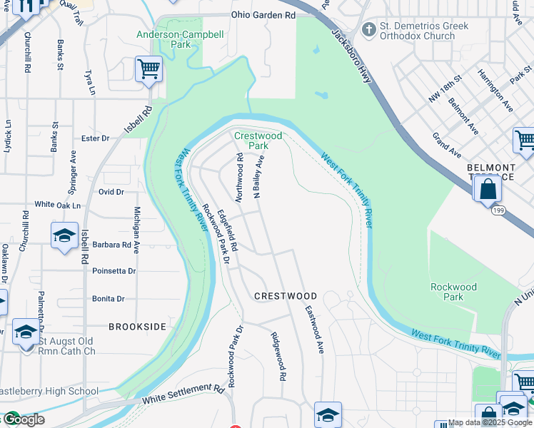 map of restaurants, bars, coffee shops, grocery stores, and more near 721 North Bailey Avenue in Fort Worth