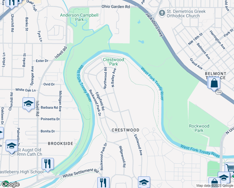 map of restaurants, bars, coffee shops, grocery stores, and more near 721 North Bailey Avenue in Fort Worth