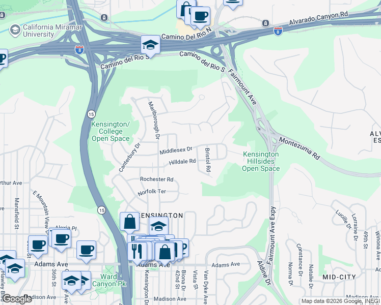 map of restaurants, bars, coffee shops, grocery stores, and more near 4223 Middlesex Drive in San Diego