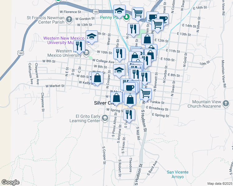 map of restaurants, bars, coffee shops, grocery stores, and more near 315 North Pinos Altos Street in Silver City