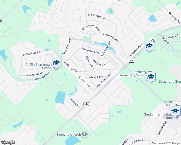 map of restaurants, bars, coffee shops, grocery stores, and more near 1040 Finsbury Lane in Forney