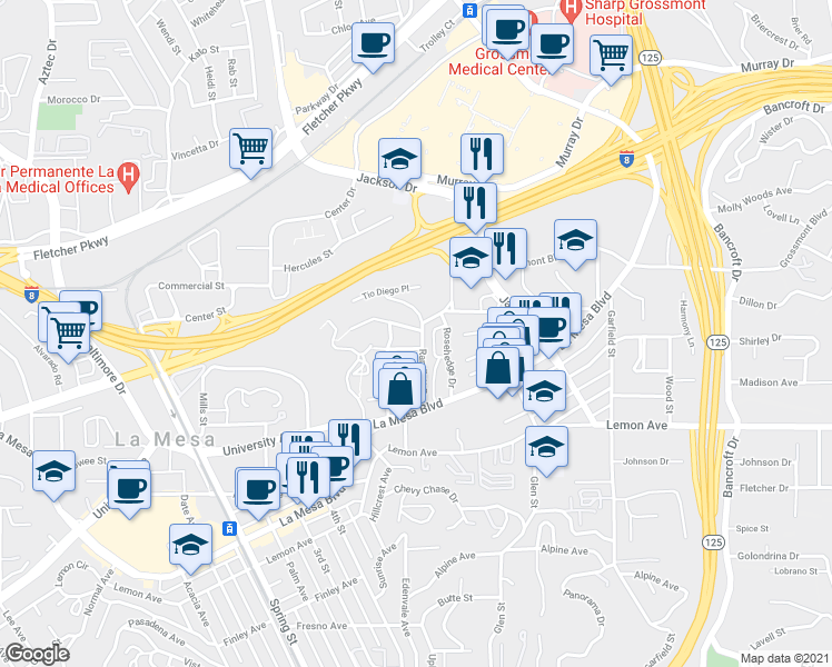 map of restaurants, bars, coffee shops, grocery stores, and more near 8545 Porter Hill Terrace in La Mesa