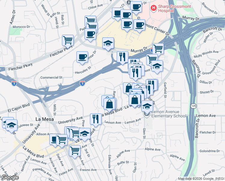 map of restaurants, bars, coffee shops, grocery stores, and more near 8545 Porter Hill Terrace in La Mesa