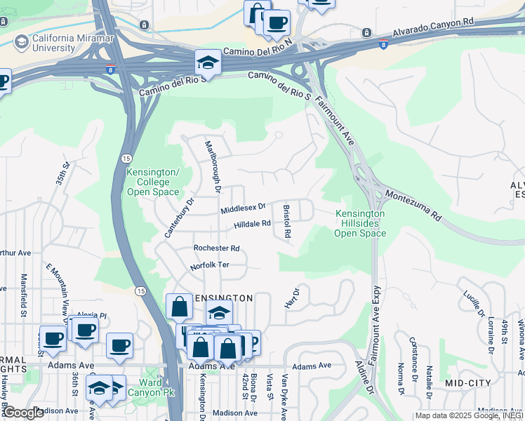 map of restaurants, bars, coffee shops, grocery stores, and more near 4223 Middlesex Drive in San Diego