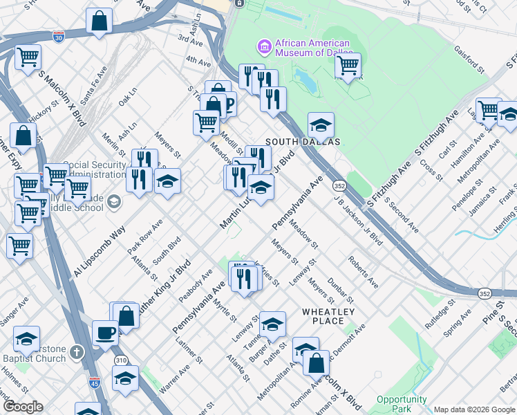 map of restaurants, bars, coffee shops, grocery stores, and more near 3000 Martin Luther King Junior Boulevard in Dallas