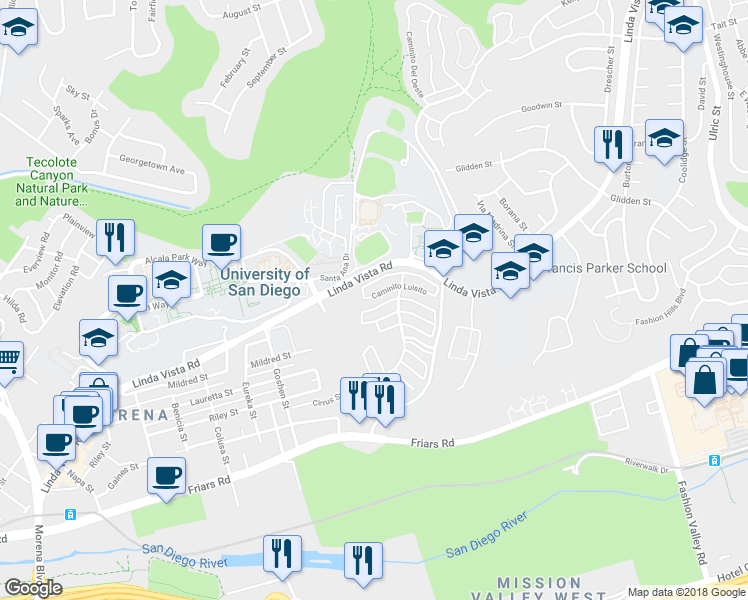 map of restaurants, bars, coffee shops, grocery stores, and more near 6225 Caminito Luisito in San Diego
