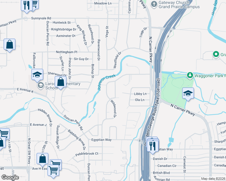 map of restaurants, bars, coffee shops, grocery stores, and more near 2013 Klondike Street in Grand Prairie