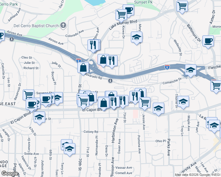 map of restaurants, bars, coffee shops, grocery stores, and more near 7200 Saranac Street in La Mesa
