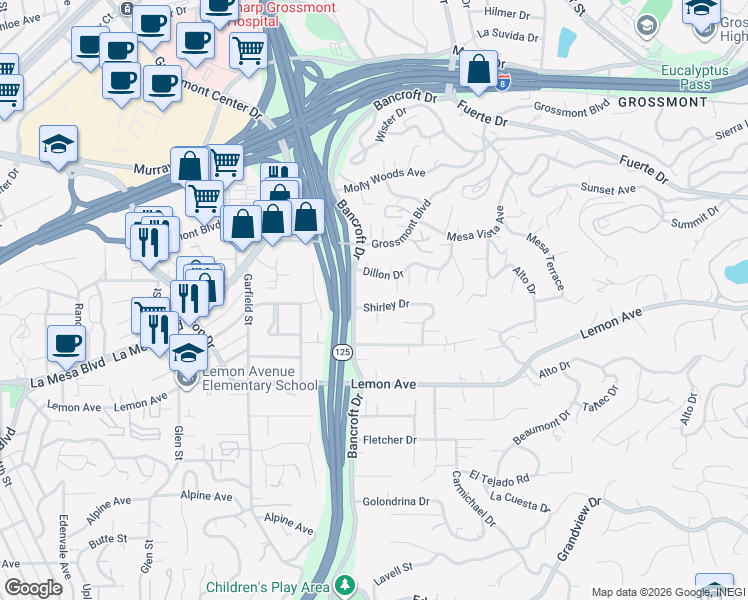 map of restaurants, bars, coffee shops, grocery stores, and more near 9130 Shirley Drive in La Mesa