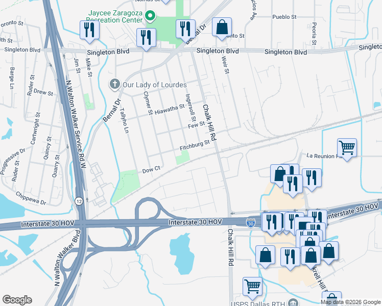 map of restaurants, bars, coffee shops, grocery stores, and more near 2406 Iroquois Street in Dallas