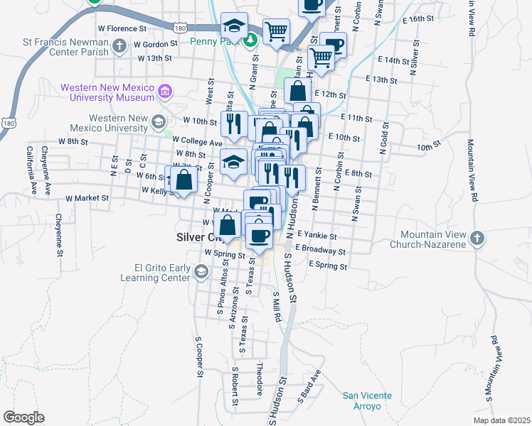 map of restaurants, bars, coffee shops, grocery stores, and more near 600 North Texas Street in Silver City
