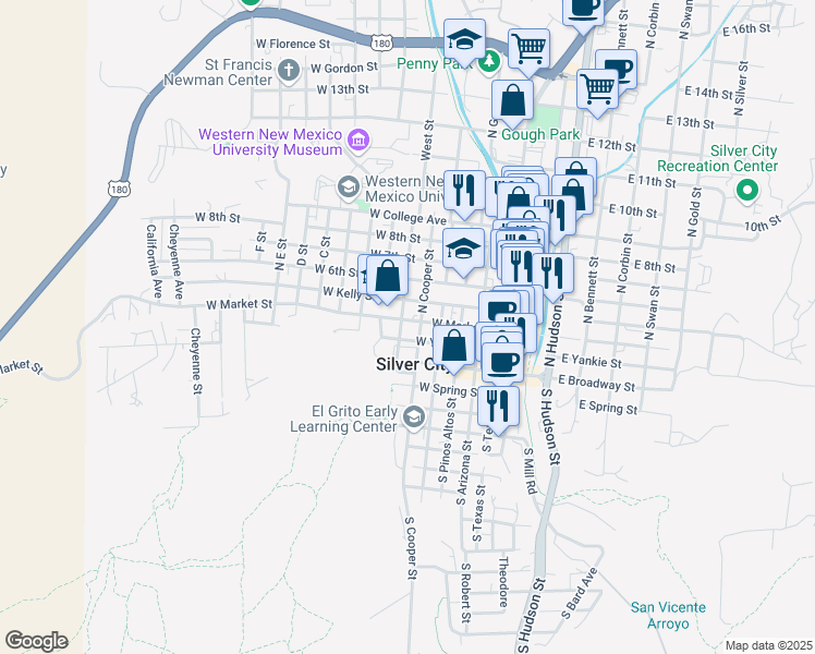 map of restaurants, bars, coffee shops, grocery stores, and more near 611 West Kelly Street in Silver City