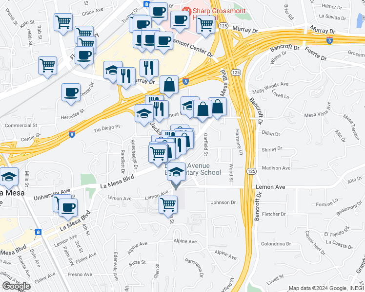 map of restaurants, bars, coffee shops, grocery stores, and more near 8838 La Mesa Boulevard in La Mesa