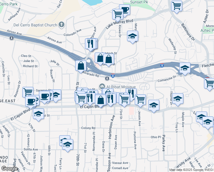 map of restaurants, bars, coffee shops, grocery stores, and more near in La Mesa