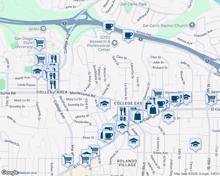 map of restaurants, bars, coffee shops, grocery stores, and more near 5150 Ewing Street in San Diego