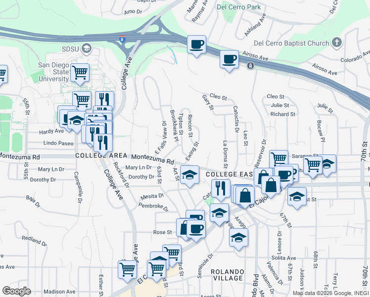 map of restaurants, bars, coffee shops, grocery stores, and more near 5144 Tipton Street in San Diego