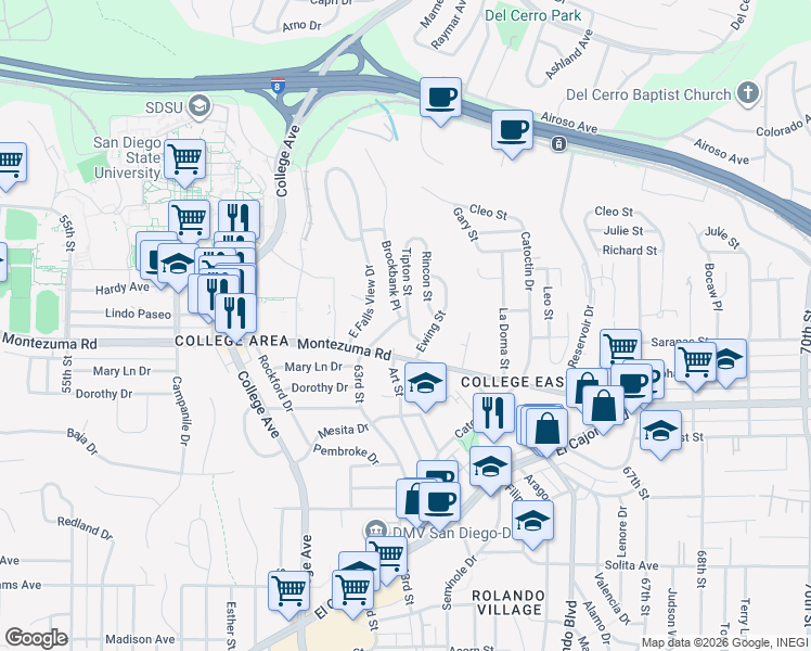 map of restaurants, bars, coffee shops, grocery stores, and more near 5144 Tipton Street in San Diego