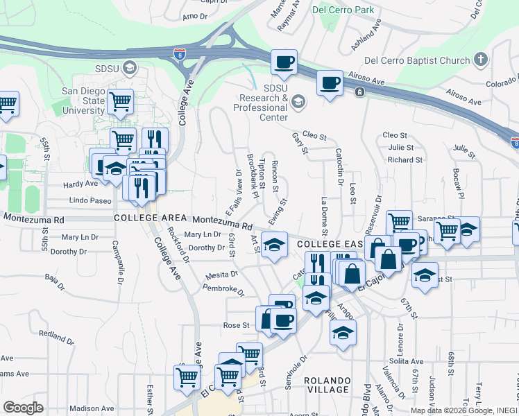 map of restaurants, bars, coffee shops, grocery stores, and more near 5144 Tipton Street in San Diego