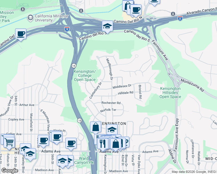 map of restaurants, bars, coffee shops, grocery stores, and more near 5200 Marlborough Drive in San Diego