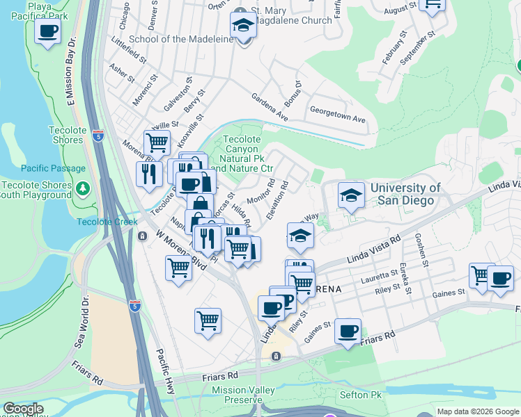 map of restaurants, bars, coffee shops, grocery stores, and more near 1386 Monitor Road in San Diego