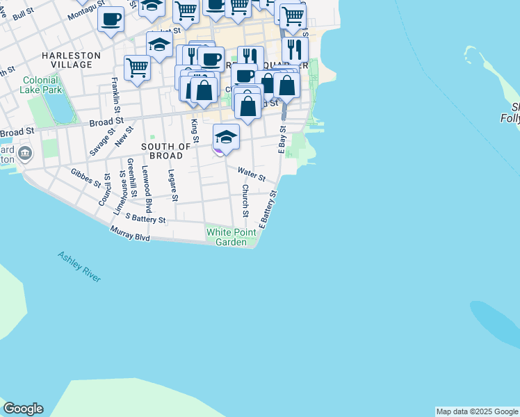map of restaurants, bars, coffee shops, grocery stores, and more near 7 Atlantic Street in Charleston