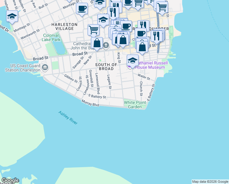 map of restaurants, bars, coffee shops, grocery stores, and more near 6 Legare Street in Charleston
