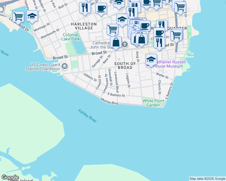 map of restaurants, bars, coffee shops, grocery stores, and more near 20 Gibbes Street in Charleston