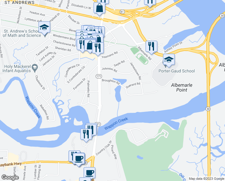 map of restaurants, bars, coffee shops, grocery stores, and more near 5 New Town Lane in Charleston