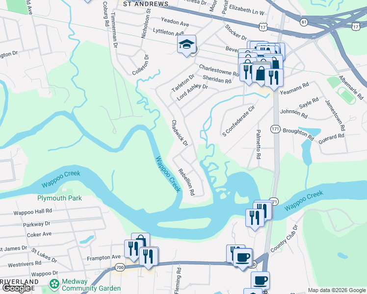 map of restaurants, bars, coffee shops, grocery stores, and more near 91 Tarleton Drive in Charleston