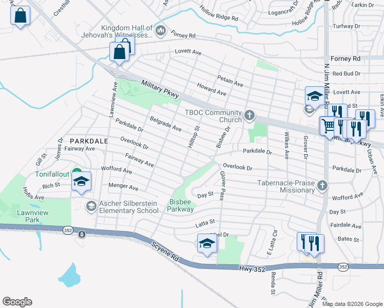 map of restaurants, bars, coffee shops, grocery stores, and more near 6303 Parkdale Drive in Dallas