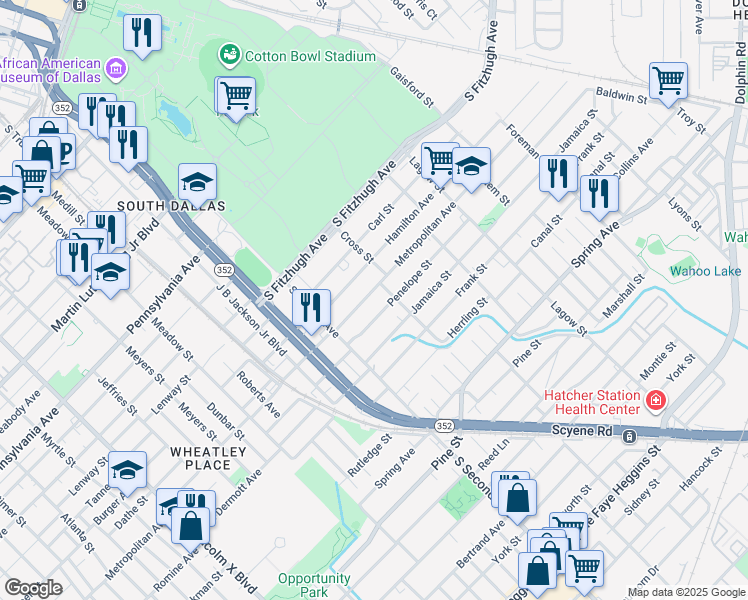 map of restaurants, bars, coffee shops, grocery stores, and more near 3708 Metropolitan Avenue in Dallas