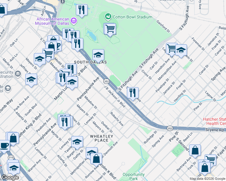 map of restaurants, bars, coffee shops, grocery stores, and more near 3308 Birmingham Avenue in Dallas