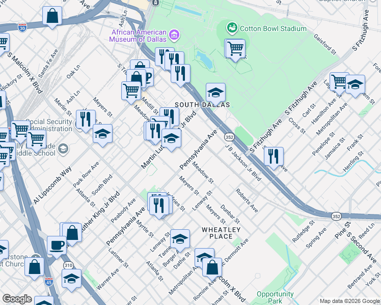 map of restaurants, bars, coffee shops, grocery stores, and more near 3113 Peabody Avenue in Dallas
