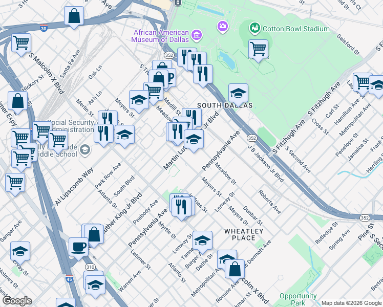 map of restaurants, bars, coffee shops, grocery stores, and more near in Dallas