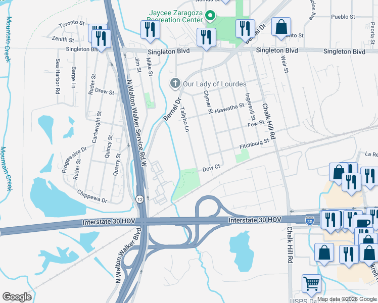 map of restaurants, bars, coffee shops, grocery stores, and more near 2430 Tallyho Lane in Dallas