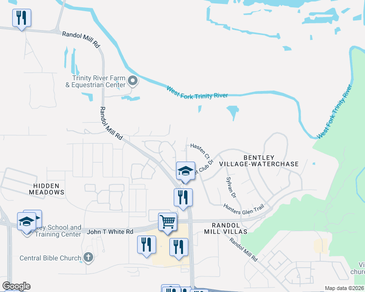 map of restaurants, bars, coffee shops, grocery stores, and more near 544 Waterchase Drive in Fort Worth