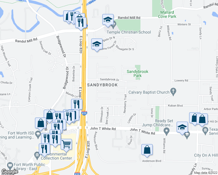 map of restaurants, bars, coffee shops, grocery stores, and more near 6932 Sandybrook Drive in Fort Worth