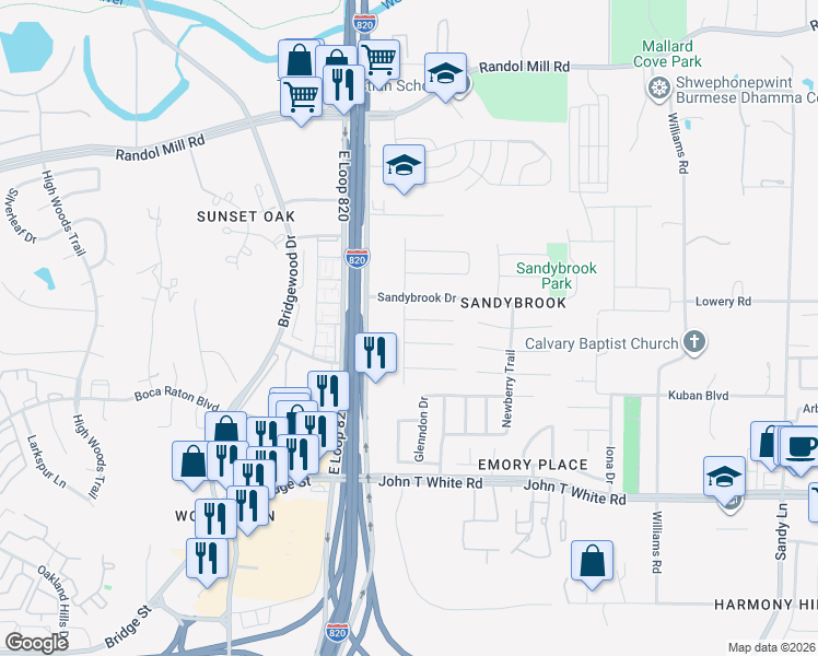 map of restaurants, bars, coffee shops, grocery stores, and more near 6900 Sandybrook Drive in Fort Worth