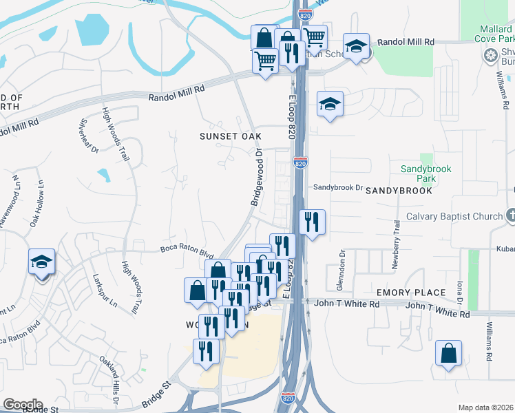 map of restaurants, bars, coffee shops, grocery stores, and more near 520 Signal Hill Court South in Fort Worth