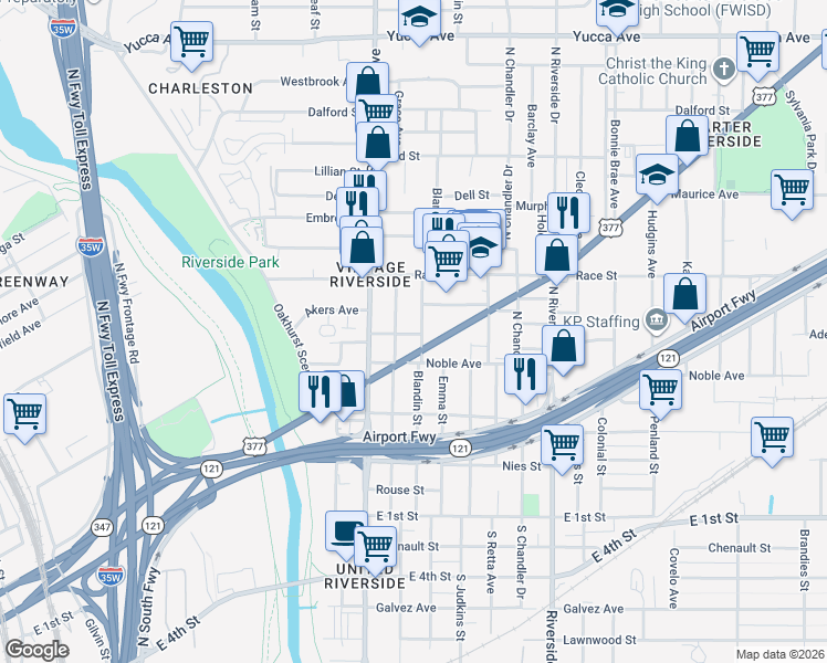 map of restaurants, bars, coffee shops, grocery stores, and more near 606 Blandin Street in Fort Worth